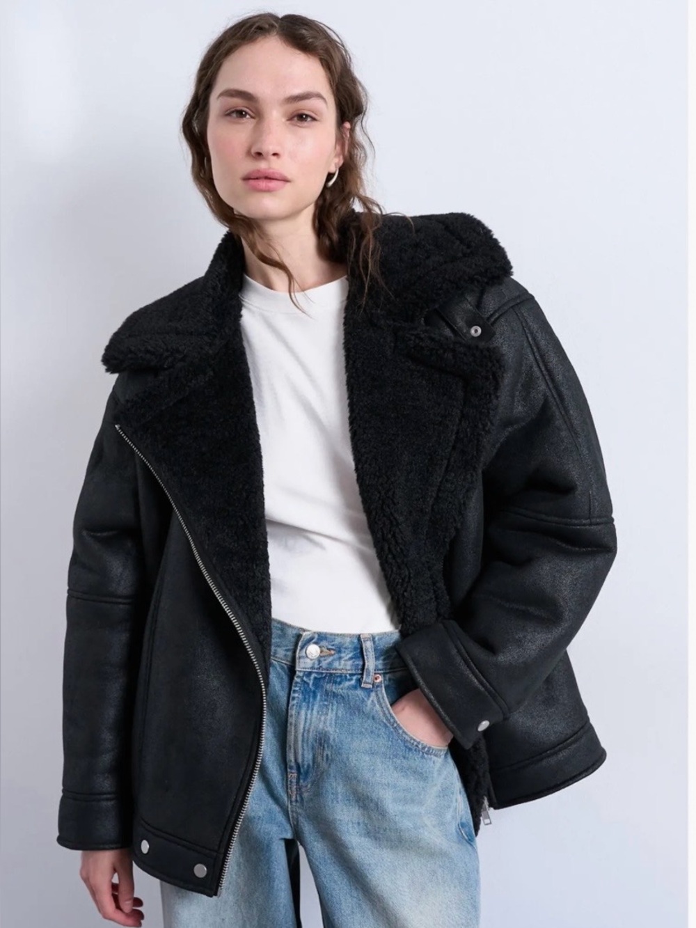 TOPSHOP Black Faux Shearling Aviator Coat